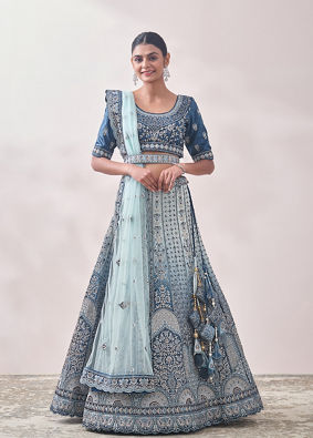 Coral Blue Floral Art Nouveau Patterned Bridal Lehenga image number 1